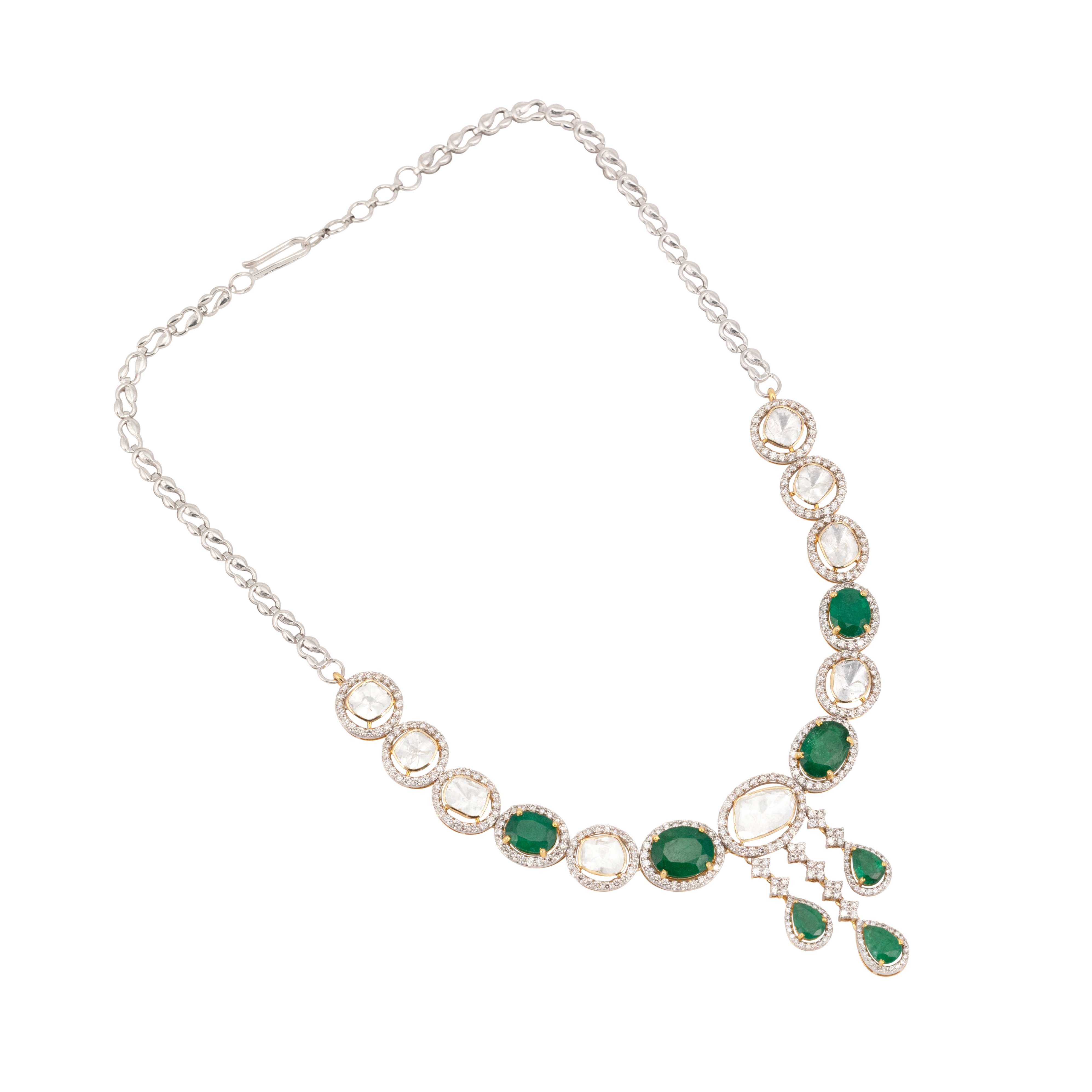Polki and Zambian Emerald Necklace with Cascading Drops